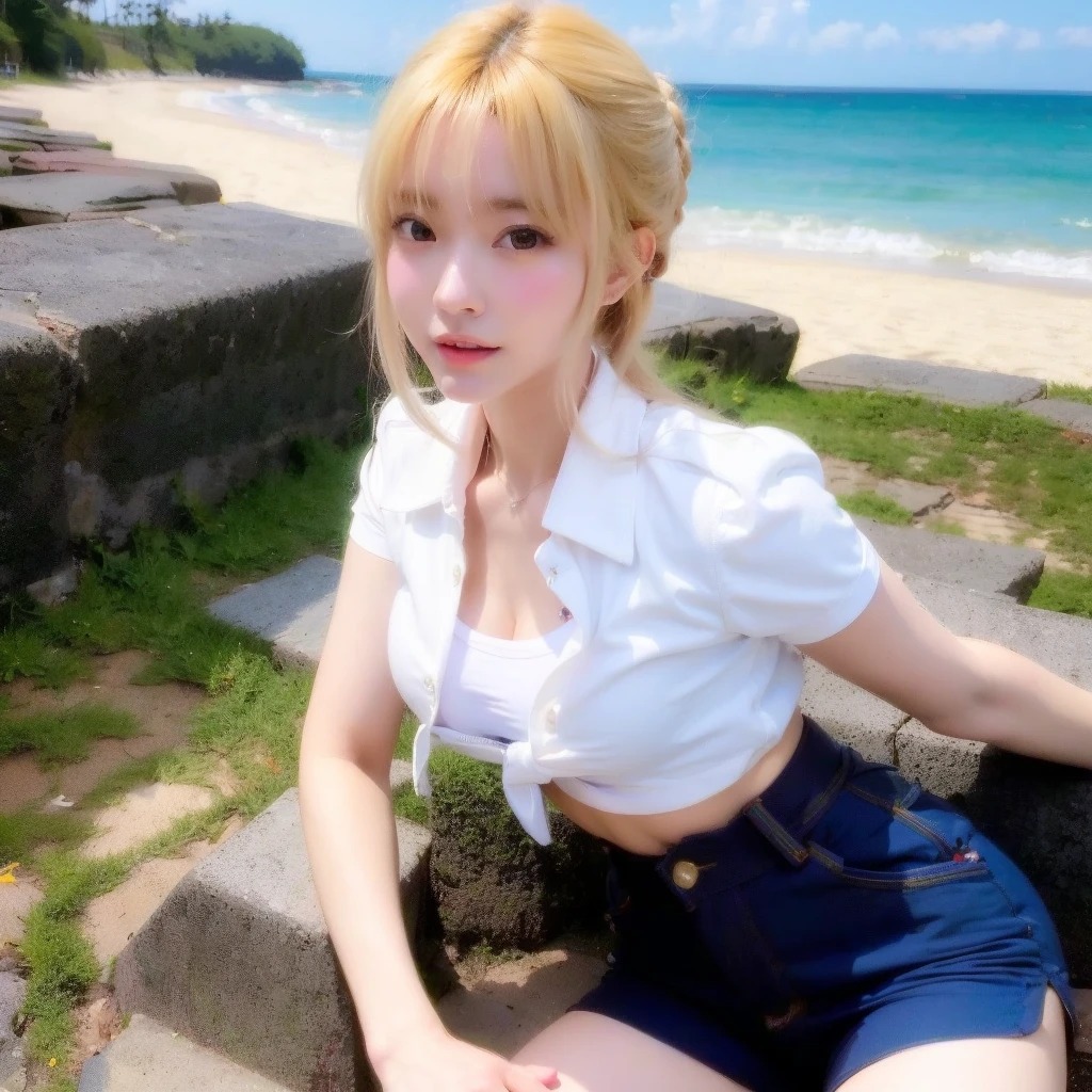 (masterpiece:1.4), (Highest quality:1.4), Realistic, One girl, Artoria Pendragon \(destiny\) , Short shorts, White shirt,  Beach, Cleavage,Crop top