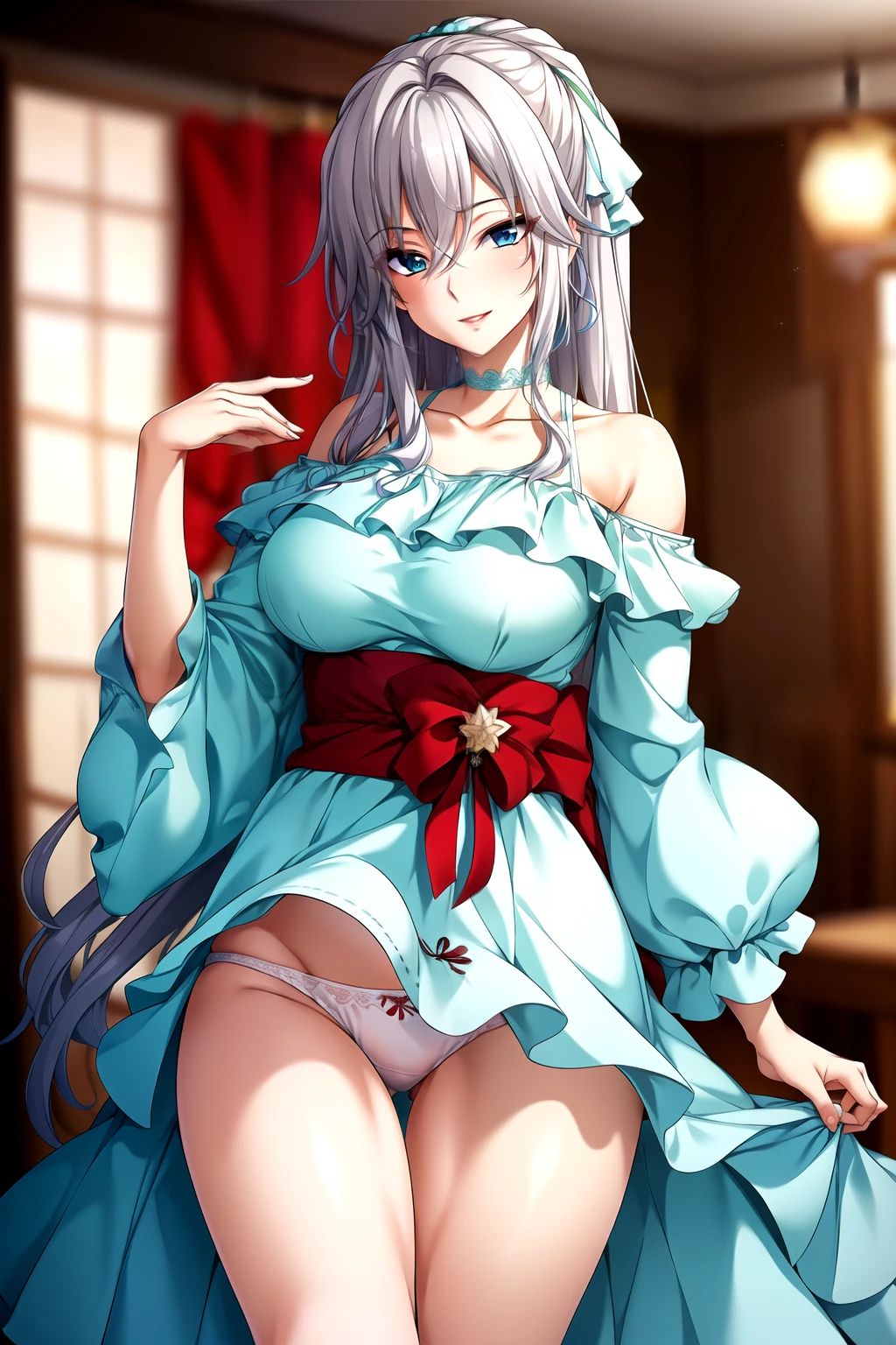 Perfect hands, Clean fingers, Perfect fingers,full hand,显示underwear, Off-shoulder,clavicle, slim figure,Chinese dress, Traditional Clothing,green and white clothes, 1 girl,20 years old, Young women,Fair Finger,Fair long legs,Fair Body,Fair Nose,Fair character design, Perfect eyes, perfect Face,Expressive eyes, Looking at the audience,(lead_Body),(Focus on her Face), Official Art,Extremely detailed CG unity 8k wallpaper, Perfect Lighting,rich and colorful, bright_front_Face_Light,Light skin, (masterpiece:1.0),(最OK_quality:1.0), Ultra-high resolution,4K,Very detailed, photography, 8K, Human Development Report, high resolution, absurd:1.2, Kodak Portrait 400, Film Grain, Blurred background, Bokeh:1.2, Lens Light Halo, (Full of energy_color:1.2) (Fair,Target_Chest:1.3), (Fair_Face:1.5),(narrow_waist),Happy,Smile, Off-shoulder,clavicle,Perfect hands, Clean fingers, Perfect fingers,full hand,The beauty of clothing,Off-shoulder,clavicle, green and white clothes服,underwear,Perfect hands, Clean fingers, Perfect fingers,full hand,显示underwear