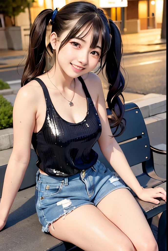 (Highest quality,masterpiece:1.3,Ultra-high resolution),(Very detailedな、Caustics) (Photorealistic:1.4, RAW shooting、)Ultra-Realistic Capture、Very detailed、Natural skin texture、masterpiece、(Sequin tank top and short denim pants:1.3)、1 Japanese girl、Adorable expression、Expressions of Happiness、14 years old、Young Face、Surprisingly cute、Twin tails、Curly Hair、Black Hair、Scrunchie、Earrings、necklace、light makeup、A big bust that seems to burst、This photo was taken on a busy street at night..、Shining thighs、Sit on a bench on the sidewalk、Shooting from the side、smile、An inviting gaze、