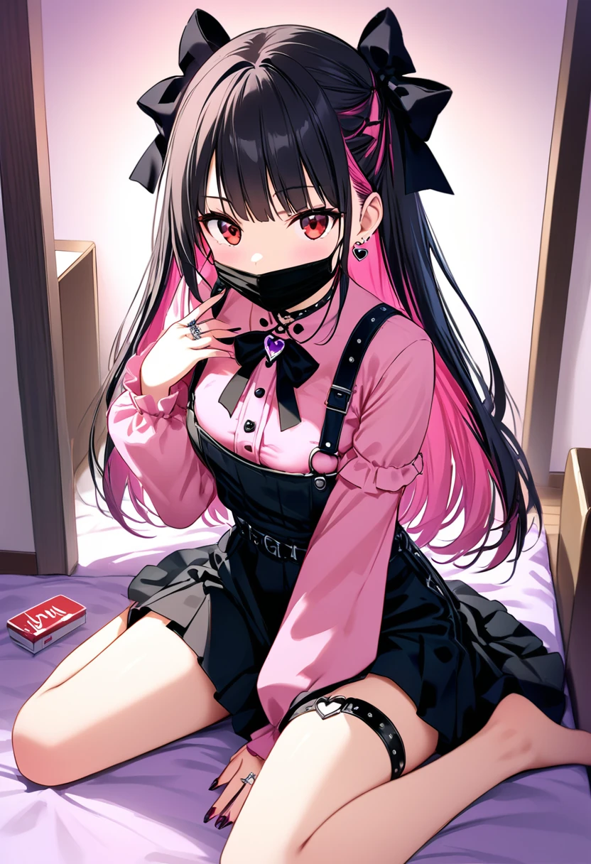 (score_9_, score_8_superior, score_7_superior, sauce_anime, 8K, masterpiece, Highest quality, Super detailed, Very delicate and beautiful, Official Style, Depth of written boundary, Very detailed, so beautiful, Complex, Overall Details, Perfect Anatomy), View your viewers, ((Faint Light:1.2)), sit, wariza, ベッドのsuperior, (indole, Hotel Rooms, Love Hotel, Pink Wall, pink bed sheets), (Condom box, Okamoto Condom 0.01), Break 1 Girl, alone, (Black Hair, Pink Hair, Two-tone hair), Long Hair, two side superior, Black Hair bow, Red eyes, jirai kei, (Cross-strap clothing, Pink Shirt, Long sleeve, Frillsed sleeves), Frills, Black bow tie, Black Skirt, sblackuspendersheart brooch, heart earrings, ring, Manicure, Pink Nails, Black nails, (Mouth mask, black Mouth mask), Black belt, o-ring thigh strap, Black Choker, Grin