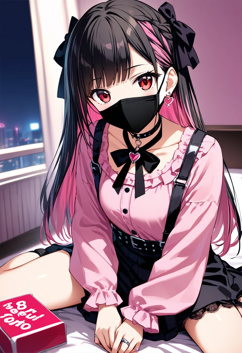 (score_9_, score_8_superior, score_7_superior, sauce_anime, 8K, masterpiece, Highest quality, Super detailed, Very delicate and beautiful, Official Style, Depth of written boundary, Very detailed, so beautiful, Complex, Overall Details, Perfect Anatomy), View your viewers, ((Faint Light:1.2)), sit, wariza, ベッドのsuperior, (indole, Hotel Rooms, Love Hotel, Pink Wall, pink bed sheets), (Condom box, Okamoto Condom 0.01), Break 1 Girl, alone, (Black Hair, Pink Hair, Two-tone hair), Long Hair, two side superior, Black Hair bow, Red eyes, jirai kei, (Cross-strap clothing, Pink Shirt, Long sleeve, Frillsed sleeves), Frills, Black bow tie, Black Skirt, sblackuspendersheart brooch, heart earrings, ring, Manicure, Pink Nails, Black nails, (Mouth mask, black Mouth mask), Black belt, o-ring thigh strap, Black Choker, Grin