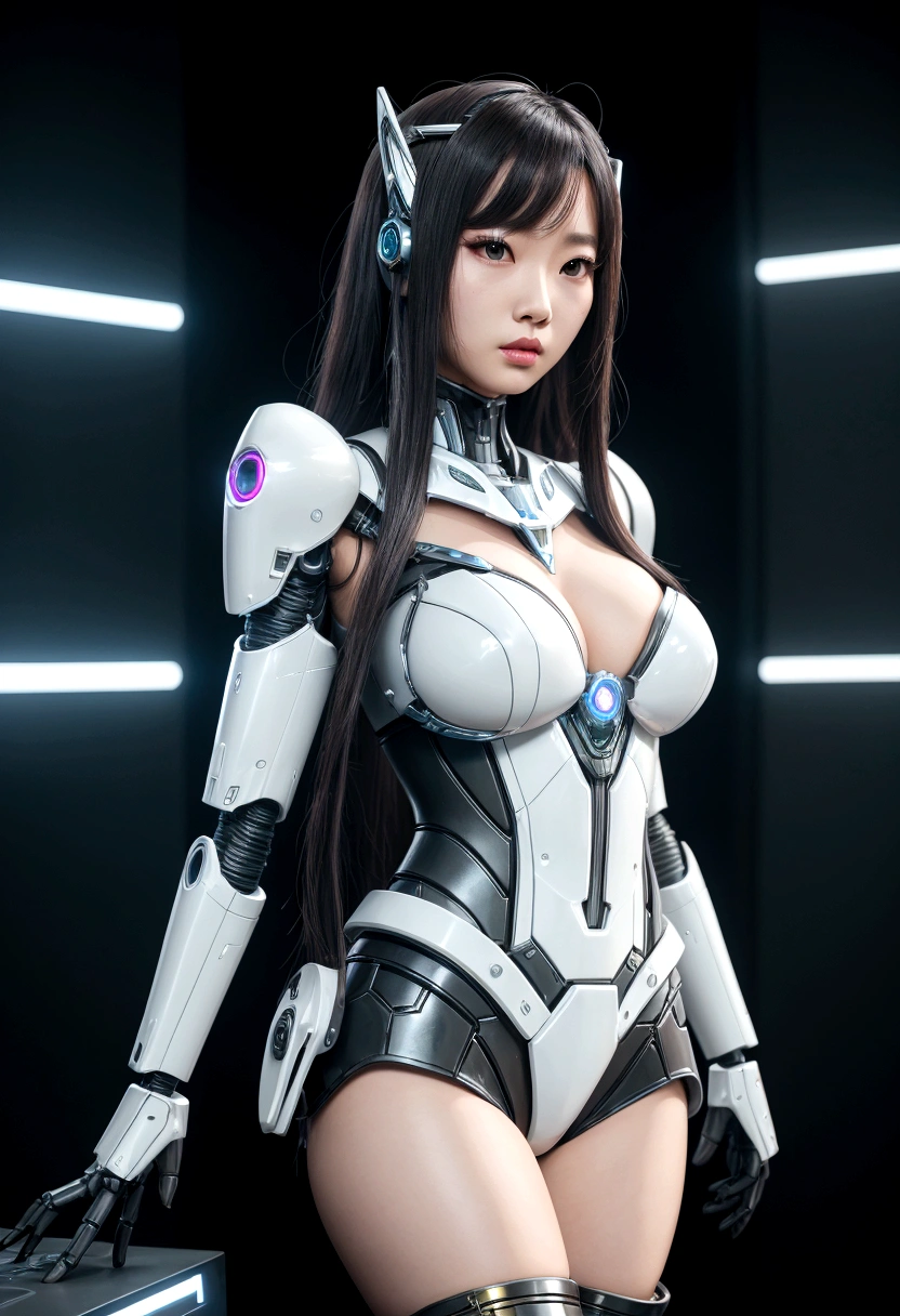 asian woman, standing, stop FRONT VIEW, tez blanca, korean, tits, futuristic clothing, modern outfit provided, NO DEFORMATIONS, beautiful, robot, cyborg, android, light, laser, League of Legends, splah art, sexy, the payment, chrome, Metal, FNAF, Animatronic, White y negro, shadows, contrast, linda, beauty, goddess, kpop, Twice, Blackpink, warframe, robots, EVERGLOW, Aespa, idol, star wars, steel, iron, Metal, the payment, Dark, lingerie, Dorado, gold, lights, trails, cables, wires, doll, doll, doll, haydee. neutral background, armor, haydee, hair without bangs, hair on the sides, long straight hair, hair without bangs, hair on the sides, White, White, lights y detalles celestes.
