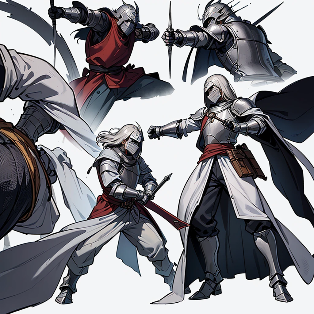 ((Full body character concept, Detailed character design))、Highest quality, Best Quality,Best illustrations、(((Iron Mask、pocket)))、Medieval Armor、Medieval Knight、Full grey armor、(((20-year-old male)))、Dramatic Angle、(battle)、battlefield、Movement angle、Grab the sword、wasteland、(Fighting stance)、Run、(((White background)))、(From the back、Back view)