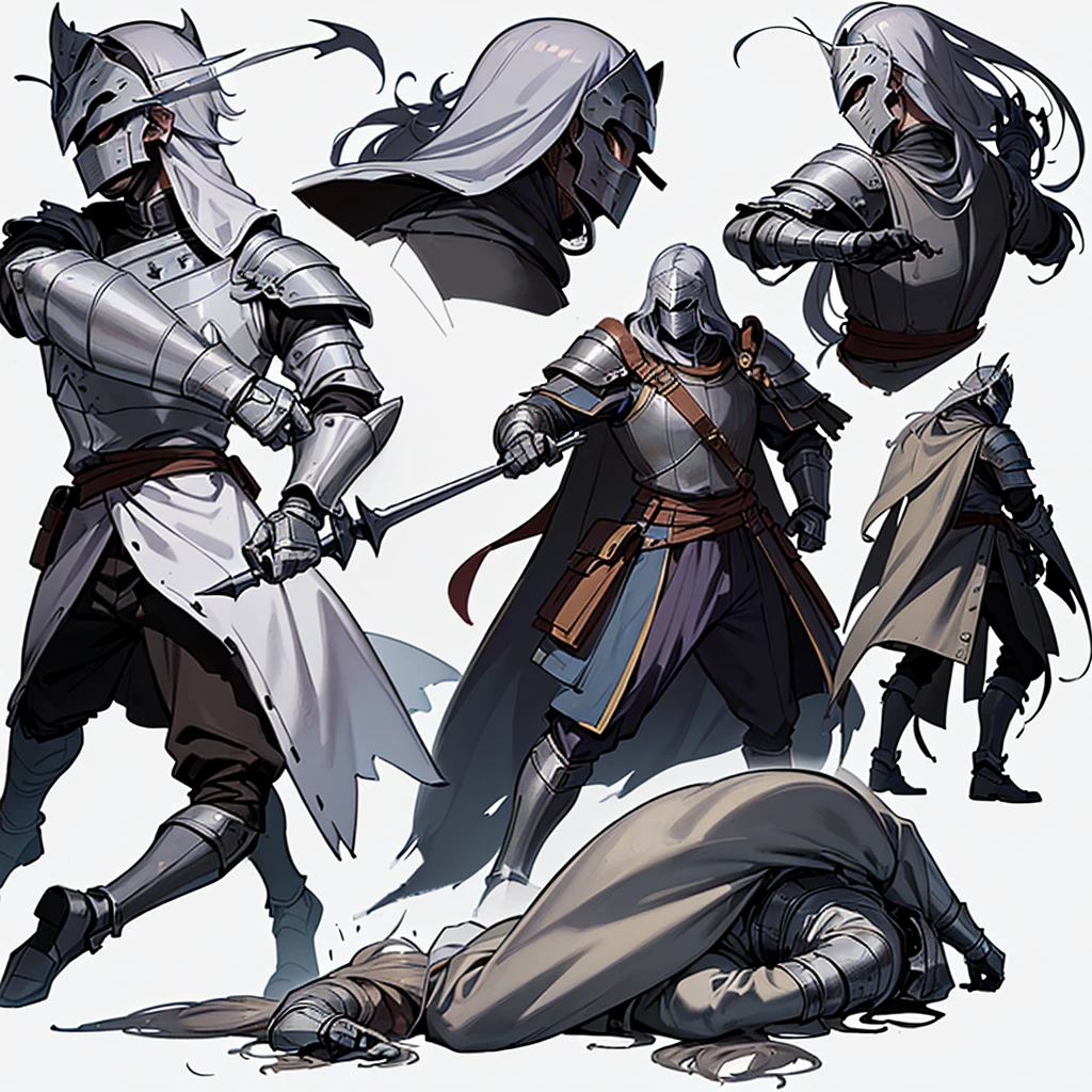 ((Full body character concept, Detailed character design))、Highest quality, Best Quality,Best illustrations、(((Iron Mask、pocket)))、Medieval Armor、Medieval Knight、Full grey armor、(((20-year-old male)))、Dramatic Angle、(battle)、battlefield、Movement angle、Grab the sword、wasteland、(Fighting stance)、Run、(((White background)))、(From the back、Back view)