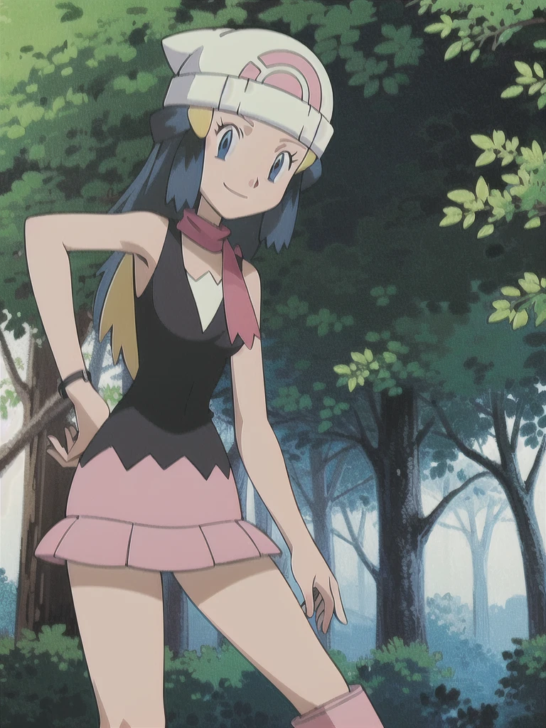 masterpiece, best quality, 1girl, dawn \(pokemon\), beanie, long hair, blue hair, blue eyes, black sleeveless shirt, pink scarf, pink skirt, pink boots, hands on hips, smile, looking at viewer, forest background 