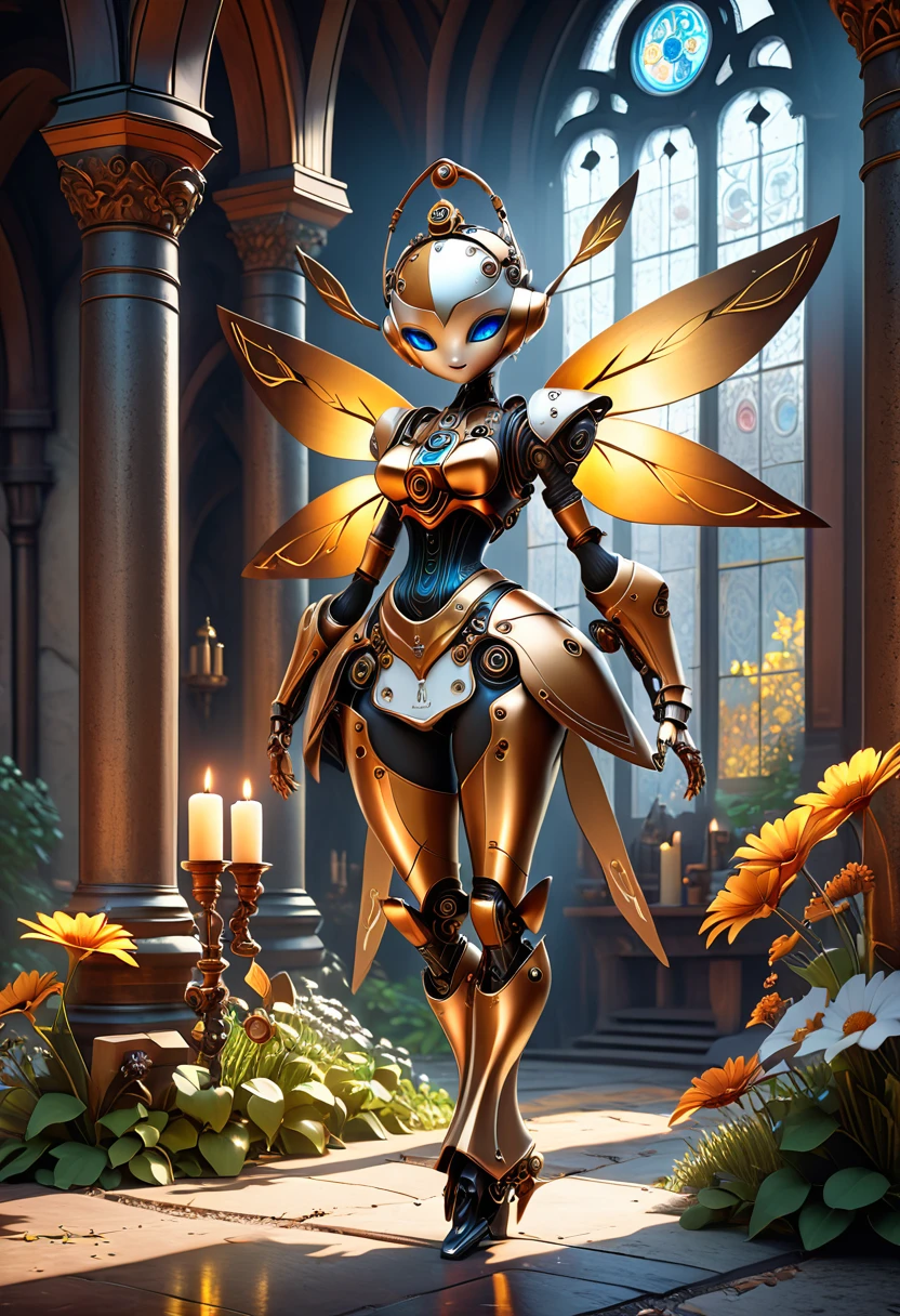 A robotic clockwork fairy. All bronze, gears, crAFTSMAN STYLE. GLASS WINGS. masterpiece, best quality, highly detailed, solo, looking at viewer, smile, mechaical face. Ultra HD, Rococo-Inspired Fantasy Art With Intricate Details. Cute, Charming Expression, Alluring-Gaze, looking at viewer Beautiful Eyes, An-Ideal-Figure. . slim waist, fit body, Warm lightssymmetrical face, photorealistic, photography, path tracing, specular lighting, volumetric face light, path traced hairmaximum quality{(masutepiece) (8K High Resolution) (top-quality) In the style of breath of the wild.medieval monastery garden,steampunk craftsman robot monk,beautiful ornate architecture,steampunk machinery and gears,exquisite stained glass windows,enchanted flower garden,ancient stone walkway with intricate carvings,glowing candles and dimly lit atmosphere,steam and smoke billowing from the machinery,mystical atmosphere,peaceful and serene setting,mechanical wings attached to the robot monk's back,robot monk with intricate clockwork mechanisms,electromechanical eyes glowing with energy,warm golden color palette,gentle sunlight streaming through the stained glass windows,whispering sound of wind and rustling leaves,the scent of aged books and incense,notes of ancient Gregorian chants echoing in the air,sense of awe and tranquility,combination of futuristic and medieval elements,harmony of technology and spirituality.