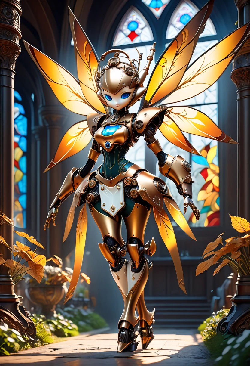 A robotic clockwork fairy. All bronze, gears, crAFTSMAN STYLE. GLASS WINGS. masterpiece, best quality, highly detailed, solo, looking at viewer, smile, mechaical face. Ultra HD, Rococo-Inspired Fantasy Art With Intricate Details. Cute, Charming Expression, Alluring-Gaze, looking at viewer Beautiful Eyes, An-Ideal-Figure. . slim waist, fit body, Warm lightssymmetrical face, photorealistic, photography, path tracing, specular lighting, volumetric face light, path traced hairmaximum quality{(masutepiece) (8K High Resolution) (top-quality) In the style of breath of the wild.medieval monastery garden,steampunk craftsman robot monk,beautiful ornate architecture,steampunk machinery and gears,exquisite stained glass windows,enchanted flower garden,ancient stone walkway with intricate carvings,glowing candles and dimly lit atmosphere,steam and smoke billowing from the machinery,mystical atmosphere,peaceful and serene setting,mechanical wings attached to the robot monk's back,robot monk with intricate clockwork mechanisms,electromechanical eyes glowing with energy,warm golden color palette,gentle sunlight streaming through the stained glass windows,whispering sound of wind and rustling leaves,the scent of aged books and incense,notes of ancient Gregorian chants echoing in the air,sense of awe and tranquility,combination of futuristic and medieval elements,harmony of technology and spirituality.