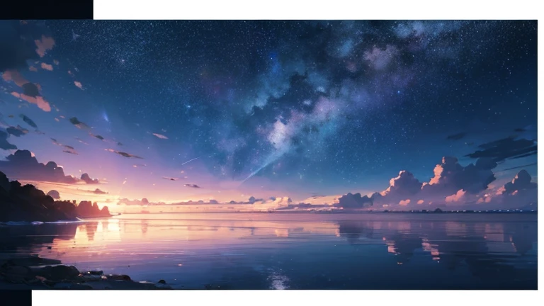 Seaside view, No Man, scenery, beautiful anime scenes, Anime Sky, having blue moon ,ultra-detailed, unity 8k wallpaper, extremely detailed CG, ray tracking, sharp shadows, wonderful details, Best quality, Sharp focus, (background oriented, Horizon, reflection), (starry sky twinkling in the fullness of the sky, Lots of water bubbles floating around):1.4, quiet night, midnight, wide shot, back shot, from below, perfect lighting, panoramic view, dynamic shot, nature spreading out, no civilization in sight, no buildings
