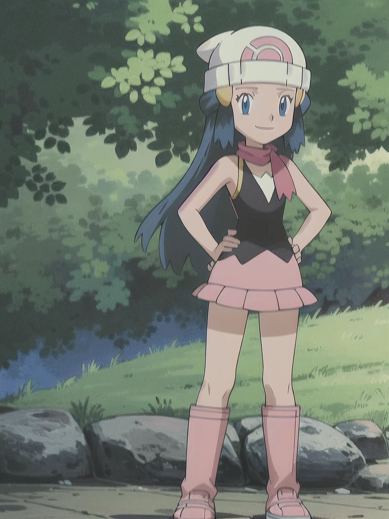 masterpiece, best quality, 1girl, dawn \(pokemon\), beanie, long hair, blue hair, blue eyes, black sleeveless shirt, pink scarf, pink skirt, pink boots, hands on hips, smile, looking at viewer, forest background