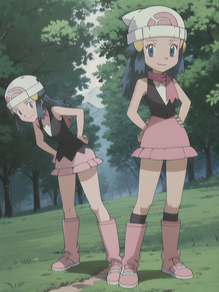 masterpiece, best quality, 1girl, dawn \(pokemon\), beanie, long hair, blue hair, blue eyes, black sleeveless shirt, pink scarf, pink skirt, pink boots, hands on hips, smile, looking at viewer, forest background 