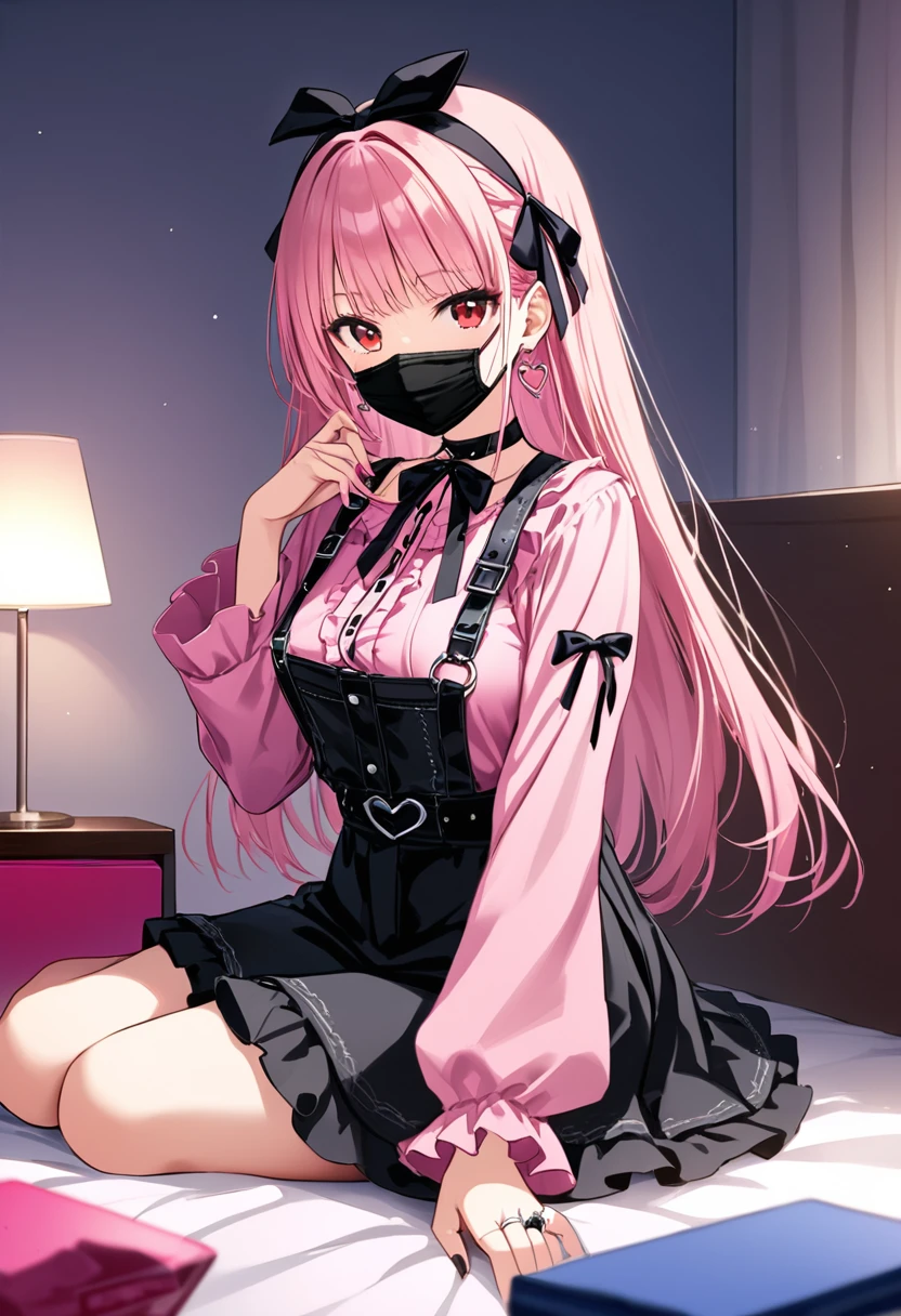 (score_9_, score_8_superior, score_7_superior, sauce_anime, 8K, masterpiece, Highest quality, Super detailed, Very delicate and beautiful, Official Style, Depth of written boundary, Very detailed, so beautiful, Complex, Overall Details, Perfect Anatomy), View your viewers, ((Faint Light:1.2)), sit, wariza, ベッドのsuperior, (indole, Hotel Rooms, Love Hotel, Pink Wall, pink bed sheets), (Condom box, Condom packaging), (pink smartphone, Ribbon Strap), Break 1 Girl, alone, (Black Hair, Pink Hair, Two-tone hair), Long Hair, two side superior, Black Hair bow, Red eyes, jirai kei, (Cross-strap clothing, Pink Shirt, Long sleeve, Frillsed sleeves), Frills, Black bow tie, Black Skirt, sblackuspendersheart brooch, heart earrings, ring, Manicure, Pink Nails, Black nails, (Mouth mask, black Mouth mask), Black belt, o-ring thigh strap, Black Choker, Grin