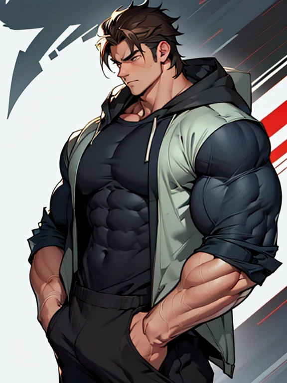 向观众炫耀Thick arms，Dissemination，Eyes look at the audience，Thick arms，Highest image quality，Men，（With black flame pattern），1 boy，young and beautiful，exhibit，Brown hair，Short straight hair，Dark Skin，cartoon，cartoon壁纸，Solitary，Male focus，Chest muscle expansion, best quality，The feeling of youth，Upper Body，(exhibit他muscular)，（Abstract Background),(Hands in pockets)，sideways，Sharp eyes，(Bottom-up view)，shoulder width，Muscles protrude a lot，Highest image quality，Look at it from a low angle ，The protagonist is wearing a hooded jacket，cartoon壁纸，Chest muscle expansion, best quality)，((Exaggerated muscle bulge))，The protagonist is tall，muscular and bulky, muscular characters, Great and cool, tall and muscular, muscular!!, Very strong, muscular， men, Huge muscles, Big Muscle, Muscle Man, cartoon帅气的男人, muscular!, Huge muscles, muscular bodies，(Photo from bottom to top) (Highest quality images) ，Close-up photos ,real, young, Crotch protrusion, cartoon人物, Male face, bonito rosto young, Huge pectoral muscles, 大腿muscular, Biceps tendon, Huge body, High-intensity training makes your body more fit, muscular, 8 Pack Abs,  Radiant Skin,（Hands in pockets），Thick Legs，Half-length photo，The character is a burly man，Surrealistic pattern，Dynamic Action，Exaggerated deformation，The overall picture highlights his well-developed shoulders and pectoralis major muscles，Light from above， Muscular，Upper Body，Clothes show shoulders，Tattoo，Clean face，（Hands in pockets），Lift his head，Keep your eyes open（Hands in pockets），（Hands in pockets），（Hands in pockets），（Hands in pockets），（Hands in pockets），（Hands in pockets），（Hands in pockets），（Hands in pockets），