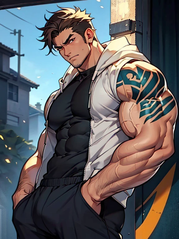 向观众炫耀Thick arms,Dissemination,Eyes look at the audience,Thick arms,Highest image quality,Men,(With black flame pattern),1 boy,young and beautiful,exhibit,Brown hair,Short straight hair,Dark Skin,cartoon,cartoon壁纸,Solitary,Male focus,Chest muscle expansion, best quality,The feeling of youth,Upper Body,(exhibit他muscular),(Abstract Background),(Hands in pockets),sideways,Sharp eyes,(Bottom-up view),shoulder width,Muscles protrude a lot,Highest image quality,Look at it from a low angle ,The protagonist is wearing a hooded jacket,cartoon壁纸,Chest muscle expansion, best quality),((Exaggerated muscle bulge)),The protagonist is tall,muscular and bulky, muscular characters, Great and cool, tall and muscular, muscular!!, Very strong, muscular, men, Huge muscles, Big Muscle, Muscle Man, cartoon帅气的男人, muscular!, Huge muscles, muscular bodies,(Photo from bottom to top) (Highest quality images) ,Close-up photos ,real, young, Crotch protrusion, cartoon人物, Male face, bonito rosto young, Huge pectoral muscles, 大腿muscular, Biceps tendon, Huge body, High-intensity training makes your body more fit, muscular, 8 Pack Abs, Radiant Skin,(Hands in pockets),Thick Legs,Half-length photo,The character is a burly man,Surrealistic pattern,Dynamic Action,Exaggerated deformation,The overall picture highlights his well-developed shoulders and pectoralis major muscles,Light from above, Muscular,Upper Body,Clothes show shoulders,Tattoo,Clean face,(Hands in pockets),Lift his head,Keep your eyes open(Hands in pockets),(Hands in pockets),(Hands in pockets),(Hands in pockets),(Hands in pockets),(Hands in pockets),(Hands in pockets),(Hands in pockets),