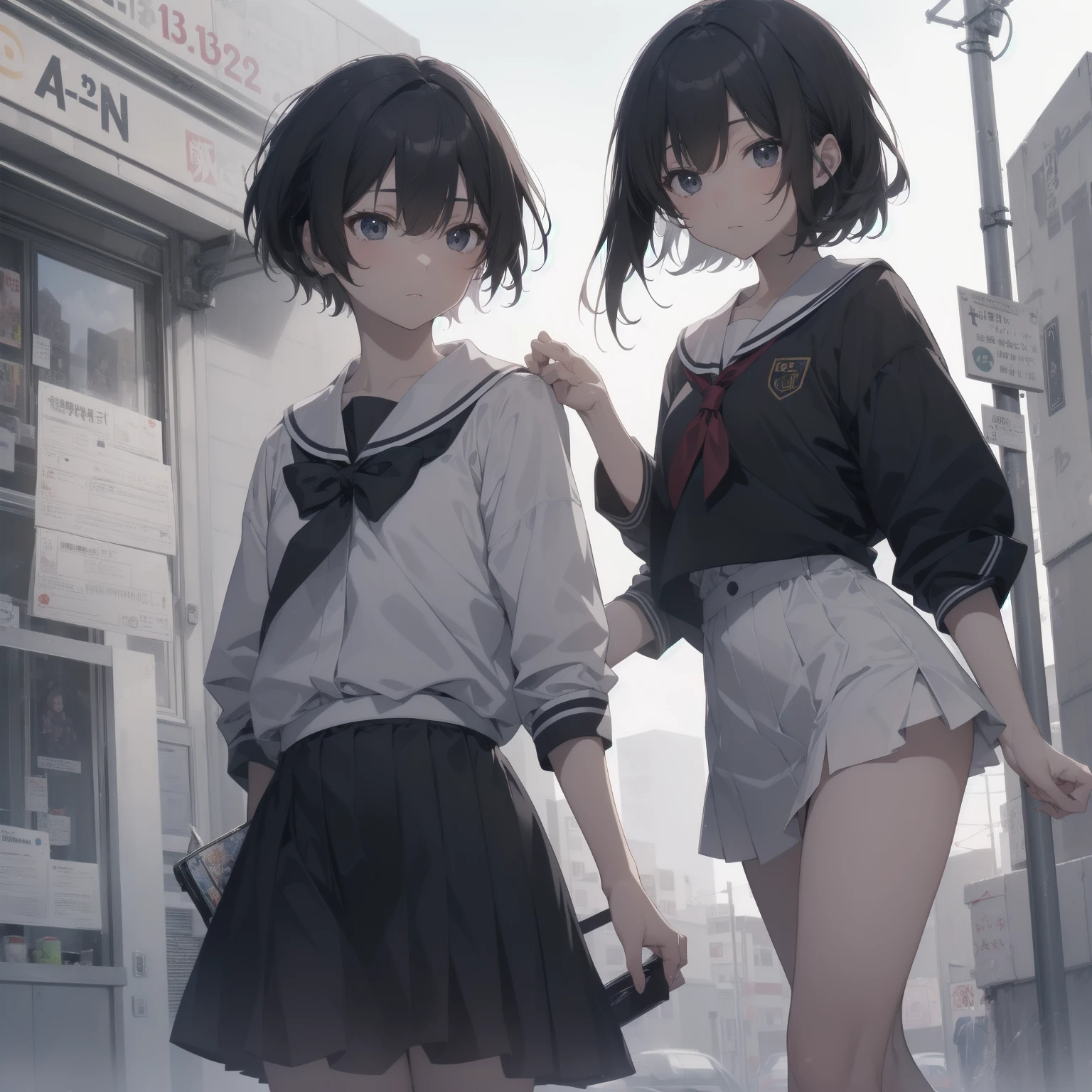 ultra-absurdres-Top quality by artist God, ultra-detailed, high resolution, anime moe artstyle, best anime 8k konachan wallpaper, pixiv contest winner, pool:2810, perfect anatomy,break, 1girl, (Please draw a girl walking sleepily to school alone. )break,(Solo,little female, 13-year-old:1.3),Full limbs, complete fingers,a junior high school student, (very short hair), short cut, flat chest, , small butt, small black eyes, beautiful detailed eyes, well-proportioned iris and pupils, expressive eyes, highres detailed hair, soft expression, salor school_uniform, sailor collar, serahuku, bow, pleated skirt,(Detailed Lighting), (Detailed background), in the School commute route. break,super detailed skin, Best cinematic lighting powered by famous artist, 8k,beauty illustration,photoshop_(medium),very aesthetic,break,((artist:yuuji_(and) )), artist:clamp ,artist:carnelian ,artist:kantoku ,