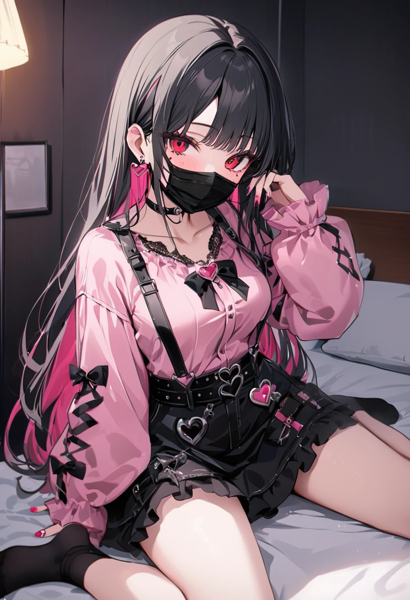 score_9, score_8_superior, score_7_superior, sauce_anime, 8K, masterpiece, Highest quality, Super detailed, Very delicate and beautiful, Official Style, Depth of written boundary, Very detailed, so beautiful, Complex, Overall Details, Perfect Anatomy, View your viewers, superiorから, ((Faint Light:1.2)), sit, wariza, ベッドのsuperior, (Hotel Rooms, Love Hotel, Pink Wall, pink bed sheets), Condom packaging, pink smartphone, Break 1 Girl, alone, (Black Hair, Pink Hair, Two-tone hair, Multicolored Hair), Long Hair, two side superior, Black Hair bow, Red eyes, Red eyeshadow under eye, Pink Cheeks, jirai kei, my_cute, (Cross-strap clothing, Pink Shirt, Long sleeve, Frillsed sleeves), Frills, Black bow tie, Black Skirt, Black suspenders, Black socks, Heart Brooch, heart earrings, ring, (Multicolored nails, Manicure, Pink Nails, Black nails), (Mouth mask, black Mouth mask), Black belt, o-ring thigh strap, Black Choker, Grin