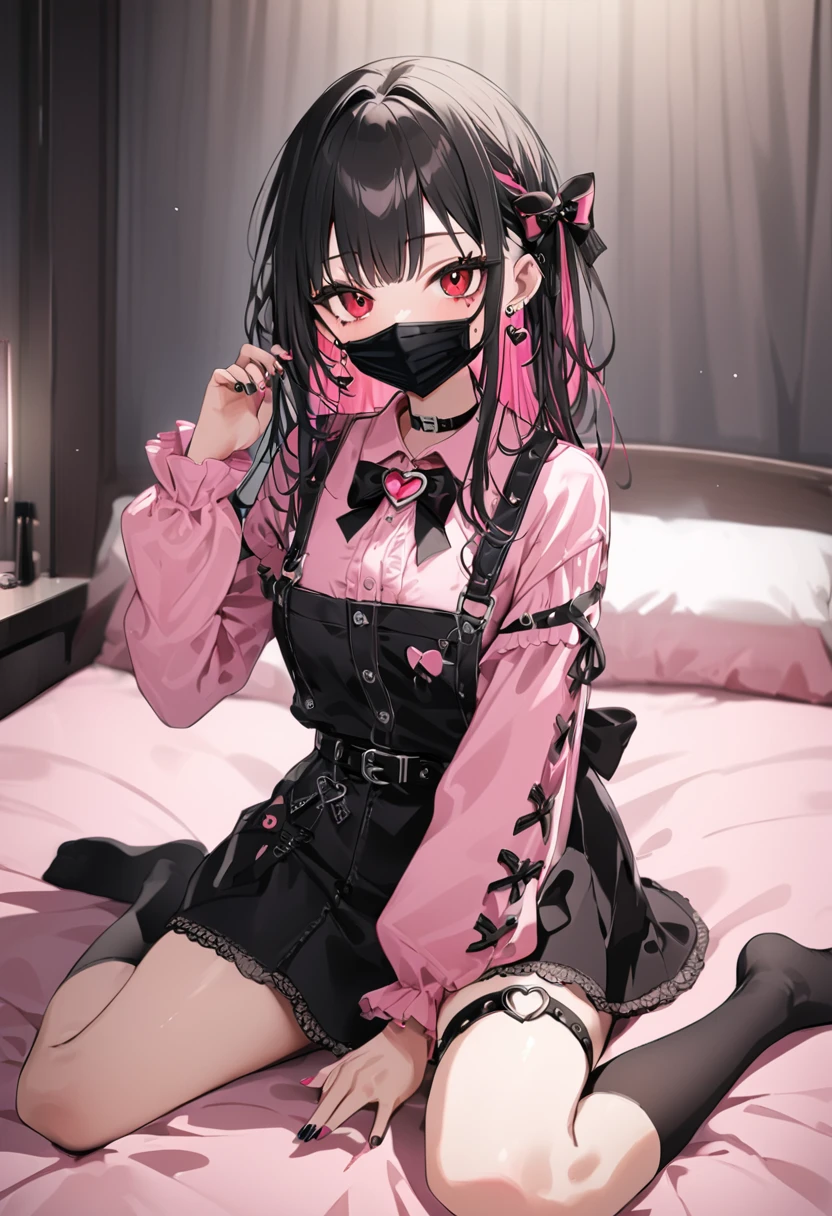 score_9, score_8_superior, score_7_superior, sauce_anime, 8K, masterpiece, Highest quality, Super detailed, Very delicate and beautiful, Official Style, Depth of written boundary, Very detailed, so beautiful, Complex, Overall Details, Perfect Anatomy, View your viewers, superiorから, ((Faint Light:1.2)), sit, wariza, ベッドのsuperior, (Hotel Rooms, Love Hotel, Pink Wall, pink bed sheets), Condom packaging, pink smartphone, Break 1 Girl, alone, (Black Hair, Pink Hair, Two-tone hair, Multicolored Hair), Long Hair, two side superior, Black Hair bow, Red eyes, Red eyeshadow under eye, Pink Cheeks, jirai kei, my_cute, (Cross-strap clothing, Pink Shirt, Long sleeve, Frillsed sleeves), Frills, Black bow tie, Black Skirt, Black suspenders, Black socks, Heart Brooch, heart earrings, ring, (Multicolored nails, Manicure, Pink Nails, Black nails), (Mouth mask, black Mouth mask), Black belt, o-ring thigh strap, Black Choker, Grin