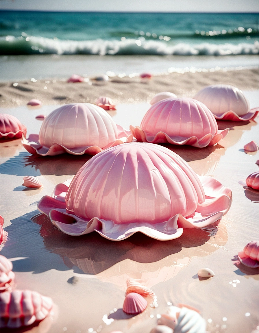 (8K, original photo, best quality, On the table: 1.2), (actual, actual: 1.37) There are pink shell on the beach, There is water, Pearlescent, pearl and shell, soft overflow, pearl, Pink jellyfish are everywhere, Soft 3D Rendering, elegant bubbles, bubble landscape, Elay shader, light pink, Pink reflection, pearl天空, shell, heaven pink, Soft colors, pink pastel,