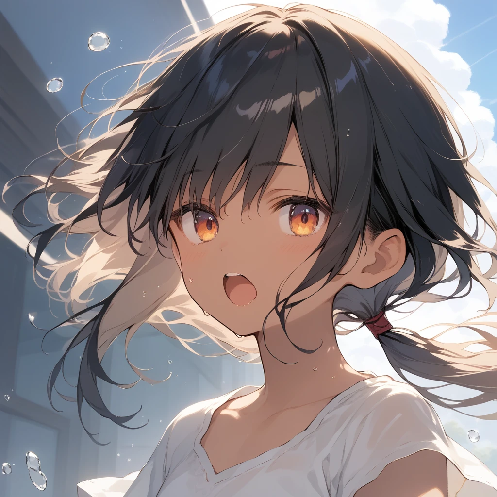 score_9, score_8_up, score_7_up, source_anime, best quality, masterpiece, official art, absurdres, highres, ultra-detailed,waifu2x,Collection: Slice of Life,break,1girl, tomboy, dark-skinned female, short hair, low ponytail, flat chest, beautiful detailed eyes, short shorts, sweat, open mouth, (yawn:0.3), sleepily, outdoors, wind,break,(clear line illustration:1.2), super detailed skin,very high resolution, very aesthetic, Best sexual lighting powered by famous artist, 8k,cute picture,beauty illustration,photoshop_(medium),,(Detailed Lighting),best anime 8k konachan wallpaper, pixiv contest winner,