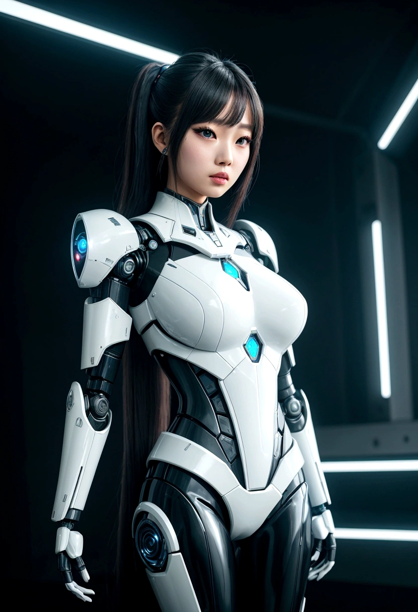 asian woman, standing, stop FRONT VIEW, tez blanca, korean, tits, futuristic clothing, modern outfit provided, NO DEFORMATIONS, beautiful, robot, cyborg, android, light, laser, League of Legends, splah art, sexy, the payment, chrome, Metal, FNAF, Animatronic, White y negro, shadows, contrast, linda, beauty, goddess, kpop, Twice, Blackpink, warframe, robots, EVERGLOW, Aespa, idol, star wars, steel, iron, Metal, the payment, Dark, lingerie, Dorado, gold, lights, trails, cables, wires, doll, doll, doll, haydee. neutral background, armor, haydee, hair without bangs, hair on the sides, long straight hair, hair without bangs, hair on the sides, White, White, lights y detalles celestes.