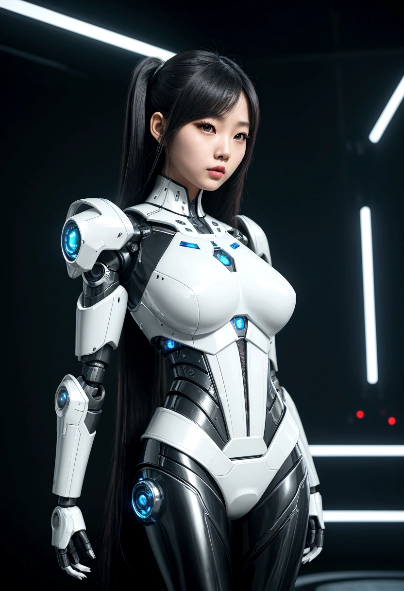 asian woman, standing, stop FRONT VIEW, tez blanca, korean, tits, futuristic clothing, modern outfit provided, NO DEFORMATIONS, beautiful, robot, cyborg, android, light, laser, League of Legends, splah art, sexy, the payment, chrome, Metal, FNAF, Animatronic, White y negro, shadows, contrast, linda, beauty, goddess, kpop, Twice, Blackpink, warframe, robots, EVERGLOW, Aespa, idol, star wars, steel, iron, Metal, the payment, Dark, lingerie, Dorado, gold, lights, trails, cables, wires, doll, doll, doll, haydee. neutral background, armor, haydee, hair without bangs, hair on the sides, long straight hair, hair without bangs, hair on the sides, White, White, lights y detalles celestes.