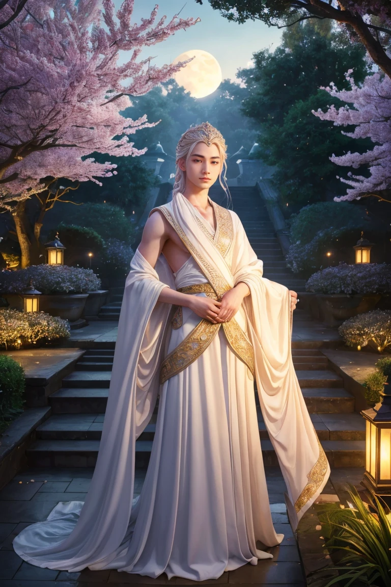 a beautiful young asian prince, long flowing white robes, pale skin, moonlit garden, (best quality,8k,highres,masterpiece:1.2),ultra-detailed,(realistic,photorealistic,photo-realistic:1.37),extremely detailed face and eyes,delicate facial features,elegant posture,serene expression,moonlight shining on him,lush garden with cherry blossoms,ornate architecture in background,warm soft lighting,vibrant colors,fantasy,concept art style