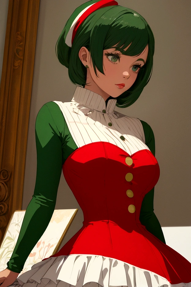 A woman wears a green, red and white lady dress, in the style of art noveaux, simplicity, navy and bronze, xmaspunk, made of rubber, cottagepunk.