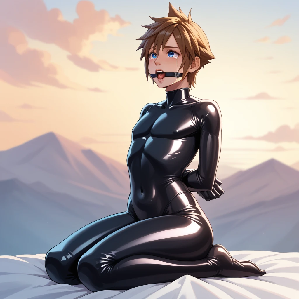 Kingdom hearts、((sky))、Arms behind back（ boy restrained and with erection、Kneeling with the crotch open、Mouth gag、）、naked、Brown Hair、cute、Spiky hair、Are crying、Looks disgusting、（（Full body rubber suit、））sexy、from the front