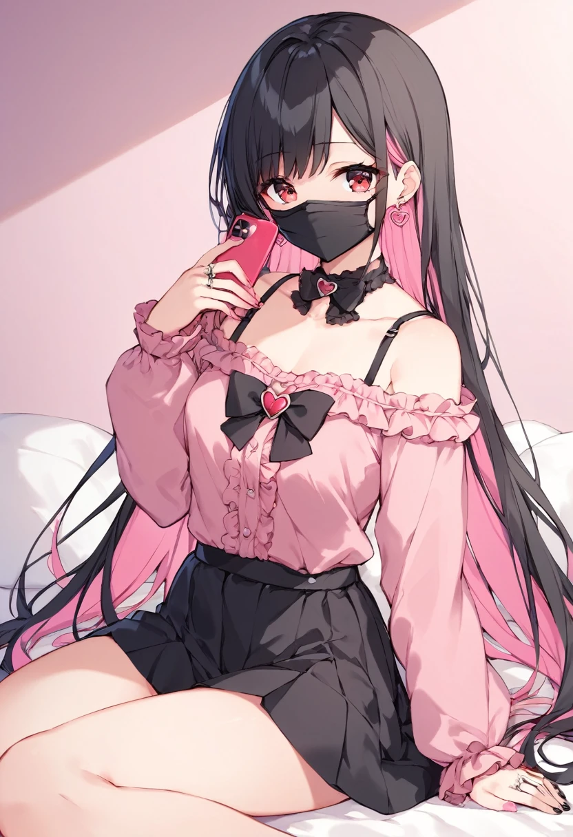 (score_9_, score_8_superior, score_7_superior, sauce_anime, 8K, masterpiece, Highest quality, Super detailed, Very delicate and beautiful, Official Style, Depth of written boundary, Very detailed, so beautiful, Complex, Overall Details, Perfect Anatomy), View your viewers, (Faint Light:1.2), sit, ベッドのsuperior, (Hotel Rooms, Love Hotel, Pink Wall, pink bed sheets), Condom box, Okamoto Condom 0.01, smartphone, Break 1 Girl, alone, (Black Hair, Pink Hair, Two-tone hair), Long Hair, two side superior, Black Hair bow, Red eyes,  jirai kei, (Cross-strap clothing, Pink Shirt, Long sleeve, Frillsed sleeves), Frills, Black bow tie, Black Skirt, Heart Brooch, heart earrings, ring, Manicure, Pink Nails, Black nails, Black Mask, Expressionless