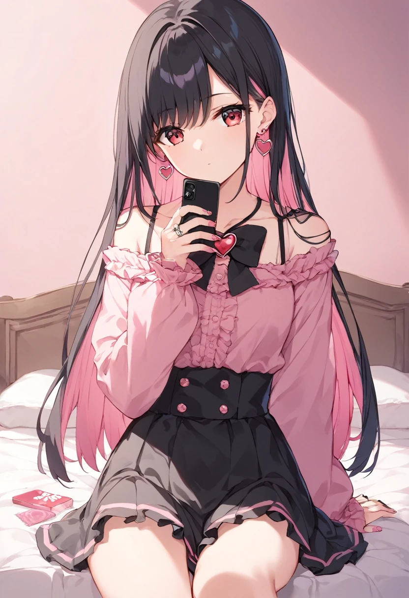 (score_9_, score_8_superior, score_7_superior, sauce_anime, 8K, masterpiece, Highest quality, Super detailed, Very delicate and beautiful, Official Style, Depth of written boundary, Very detailed, so beautiful, Complex, Overall Details, Perfect Anatomy), View your viewers, (Faint Light:1.2), sit, ベッドのsuperior, (Hotel Rooms, Love Hotel, Pink Wall, pink bed sheets), Condom box, Okamoto Condom 0.01, smartphone, Break 1 Girl, alone, (Black Hair, Pink Hair, Two-tone hair), Long Hair, two side superior, Black Hair bow, Red eyes,  jirai kei, (Cross-strap clothing, Pink Shirt, Long sleeve, Frillsed sleeves), Frills, Black bow tie, Black Skirt, Heart Brooch, heart earrings, ring, Manicure, Pink Nails, Black nails, Black Mask, Expressionless
