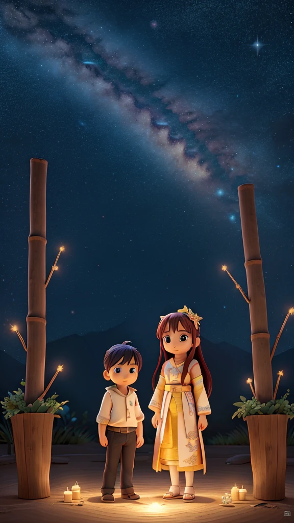 Background: A night sky filled with shining stars and the Milky Way Main: Orihime and Hikoboshi standing on opposite banks of the Milky Way Decoration: Bamboo branches adorned with tanzaku (paper strips) and colorful decorations