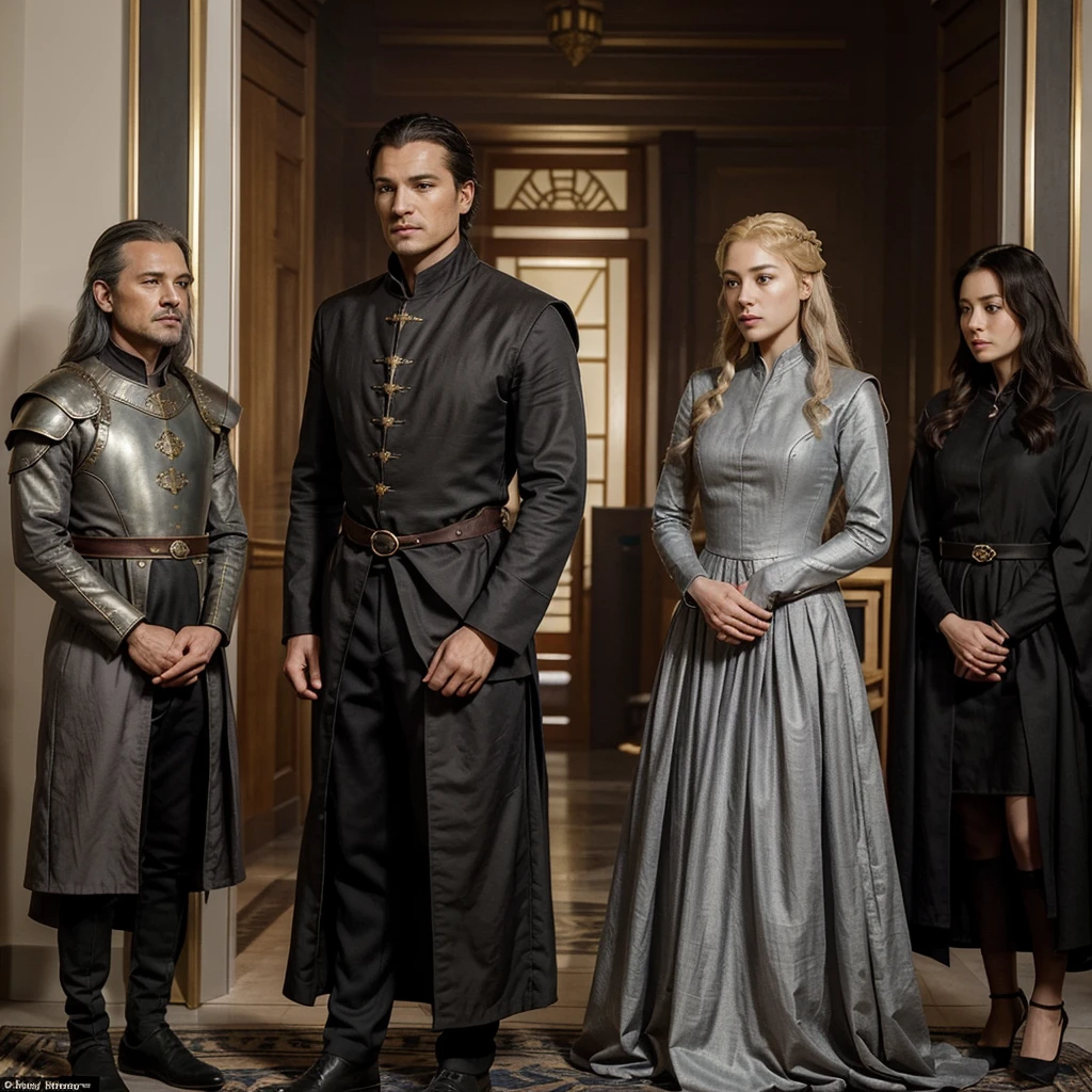Generate a suit for a male consort, based on game of thrones sterics, this consort is respected by his spouse, He has a dark complexion and gray hair., The representative color of the house is gold, make an outfit that makes her figure stand out 