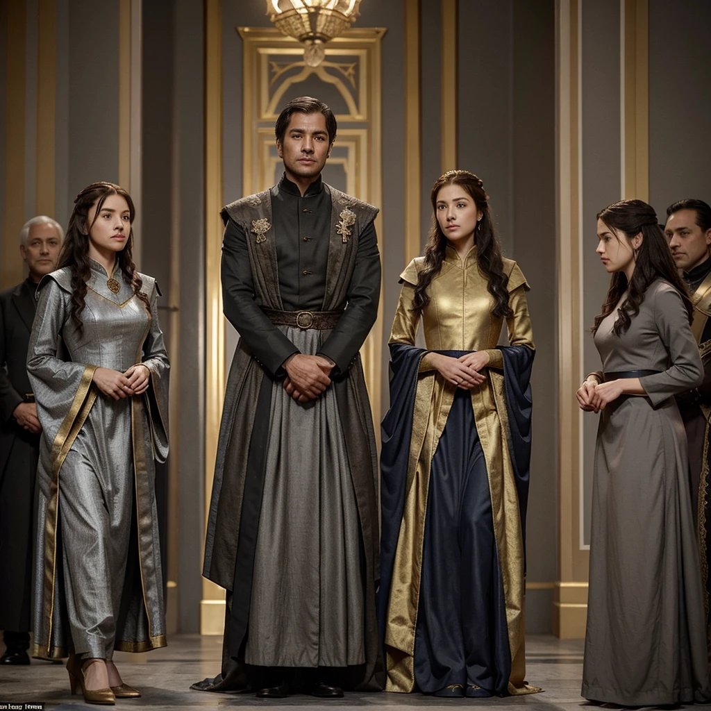 Generate a suit for a male consort, based on game of thrones sterics, this consort is respected by his spouse, He has a dark complexion and gray hair., The representative color of the house is gold, make an outfit that makes her figure stand out
