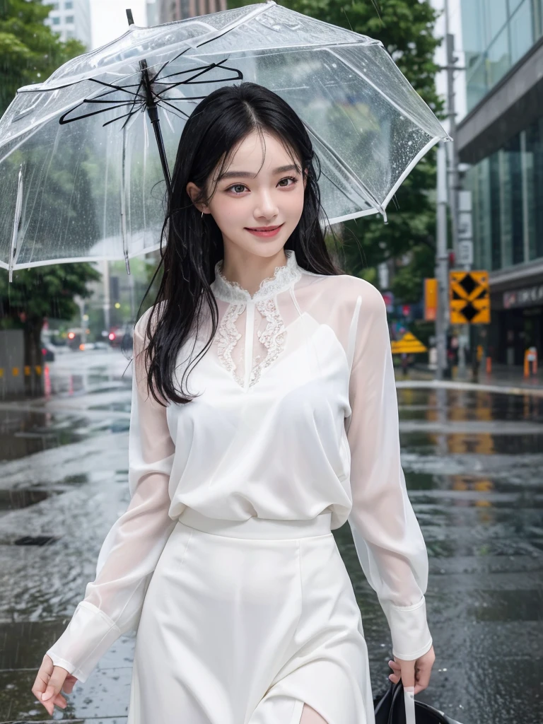 ((best quality, 8K, masterpiece: 1.3)),upper body,Black Hair, black eye,sharp focus: 1.2, beautiful woman: 1.4, ((medium hair: 1.2)),(Silk darkmagenta long skirt、White long sleeve blouse with lace), (wet from rain: 1.3), (rain, street: 1.2), wet body: 1.2, Highly detailed face and skin texture, detailed eyes, double eyelids, White skin,E cup,smile,Financial district of the big city,Skyscraper,White skin,Wet Hair、Wet Skin、Wet clothes、smile、