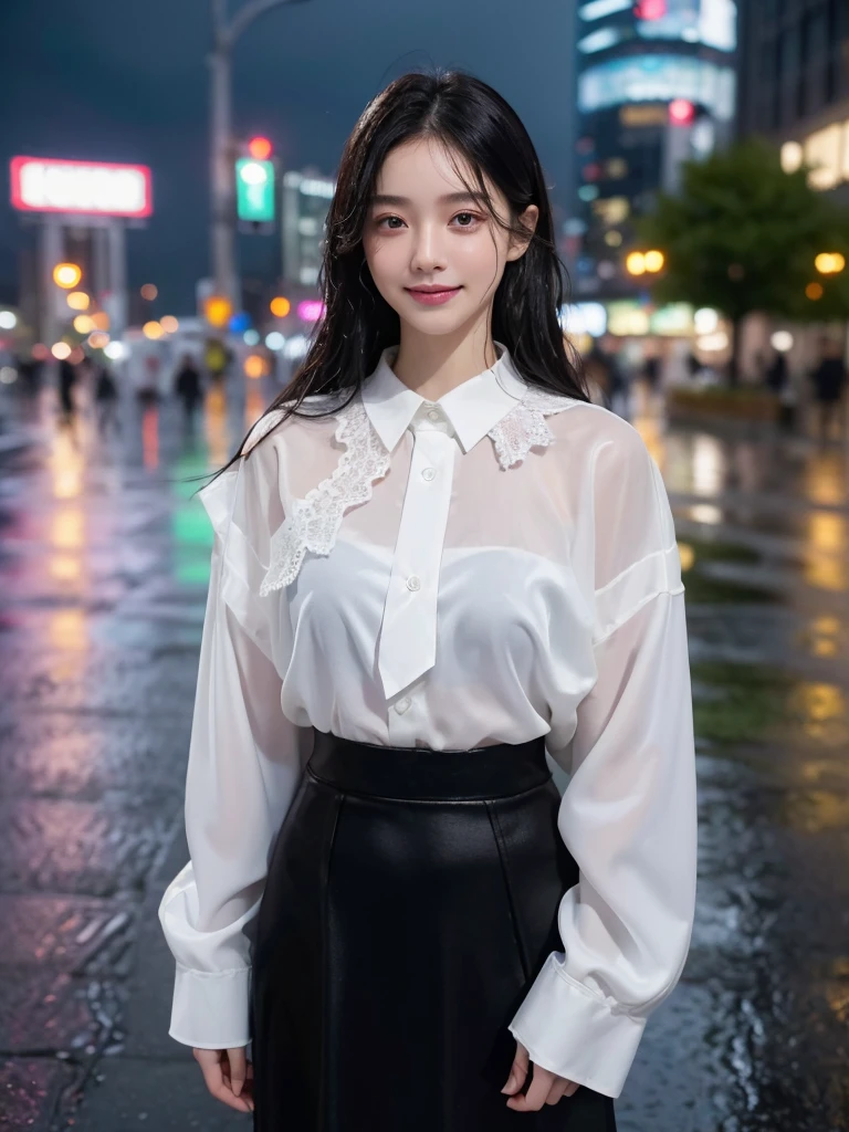 ((best quality, 8K, masterpiece: 1.3)),upper body,Black Hair, black eye,sharp focus: 1.2, beautiful woman: 1.4, ((medium hair: 1.2)),(Silk darkmagenta long skirt、White long sleeve blouse with lace), (wet from rain: 1.3), (rain, street: 1.2), wet body: 1.2, Highly detailed face and skin texture, detailed eyes, double eyelids, White skin,E cup,smile,Financial district of the big city,Skyscraper,White skin,Wet Hair、Wet Skin、Wet clothes、smile、 