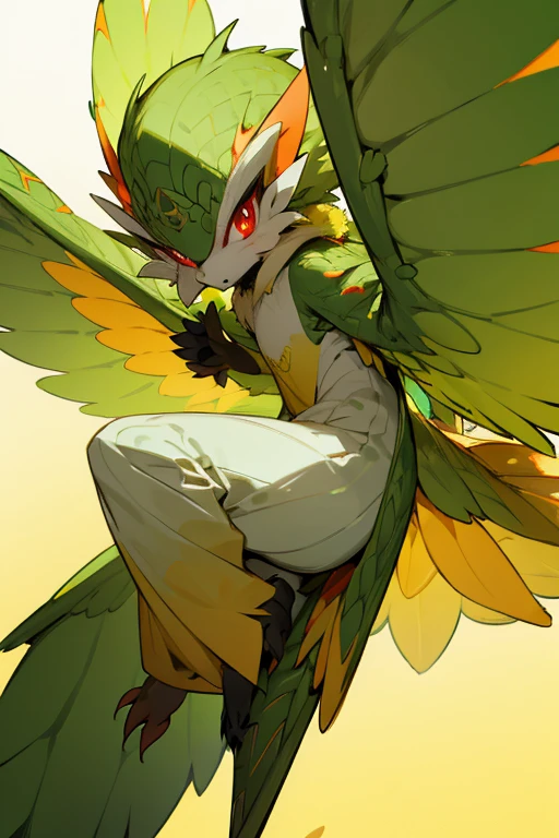 Furry,with red eyes and green scales and wings very beautiful yellow color and