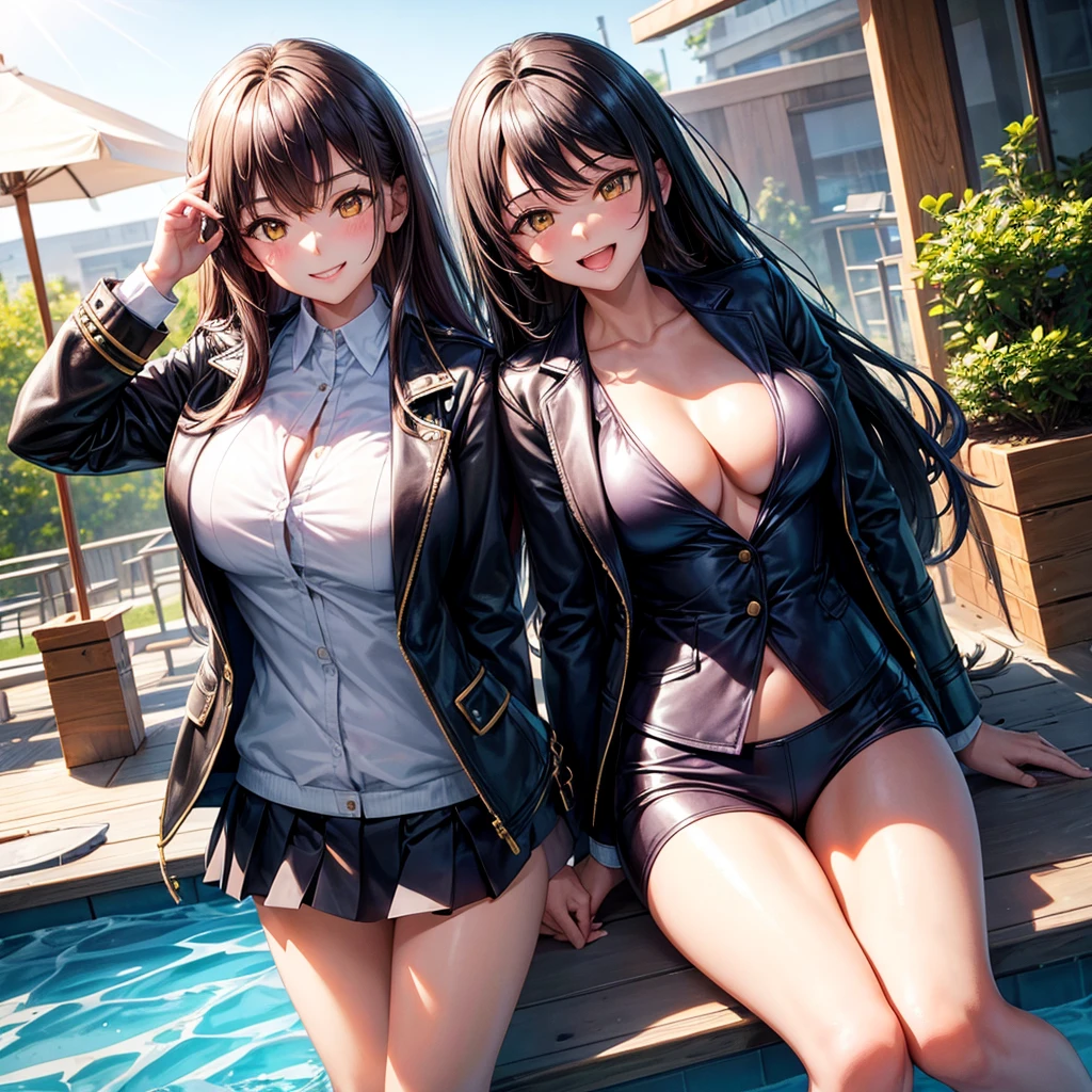 best quality，，smile，blazer，middle School girls，leather jacket，beautiful girl,swimsuit,比基尼,multiple girls are depicted，harem，idol group，photo shoot，long hair，highest quality，big breasts，happy girl,horny girl，yellow eyes，Pool，Beautiful Girl Country，Beautiful Girl&#39;s Paradise，fur jacket，perfect face，standing position,girls hugging each other，letting down one&#39;s Bangs，beautiful eyes,Ocean,girls hugging each other,smooth hair，Angel Girl，multicolored hair colors，naughty girl，beautiful girl，beautiful girl，loose socks