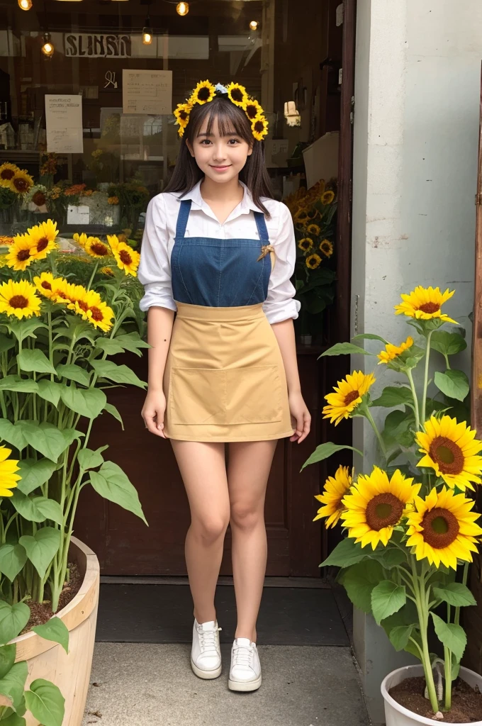A 20-year-old girl working at a flower shop(Wearing a miniskirt and apron)have a sunflower