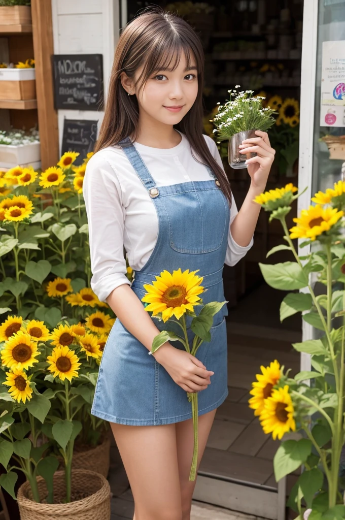 A 20-year-old girl working at a flower shop（Wearing a miniskirt and apron）have a sunflower