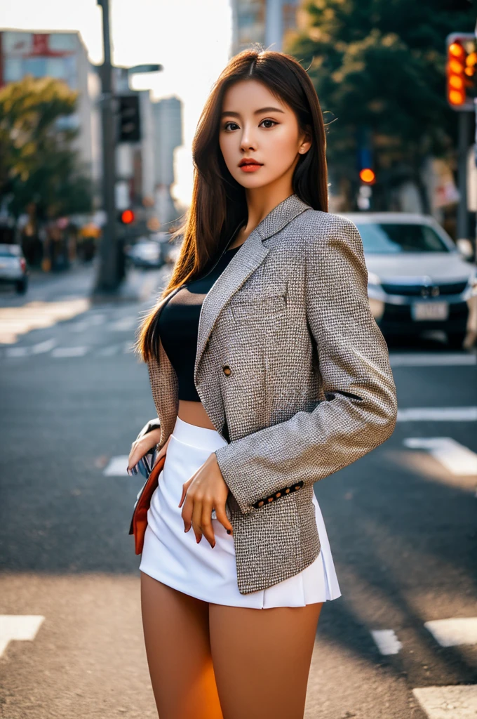a 19 year old girl, she is the most beautiful actress in the world, the perfect body proportions of this girl, the blazer on the formal shirt that she is wearing, unexposed skin of clothed large breasts, her crotch area of the panties are hardly hidden by the short skirt, her bare legs, it's just front of her body in photo, there's no photo space above her head, her feet are out of photo space, she is standing straight at the street, nsfw, best quality, highly detailed, masterpiece, ultra high res, photo realistic, 8k, RAW photo