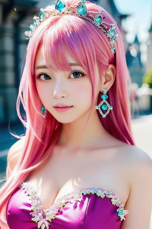 Close-up of a woman with pink hair and dress, Real life anime girls, 長いPink Hairpretty girl, Beautiful anime style, Cute Anime Girl, Attractive anime girl, Beautiful Anime Girls, Anime Thai Girl、Small breasts、A cup breasts、pretty girl, Pink Hair, Shirahime cut hairstyle, Realistic young anime girl, Cute Hairstyles、hair ornaments、かわいいhair ornaments、Cute Earrings、backgroundぼやけてる、background(Cinderella Castle)