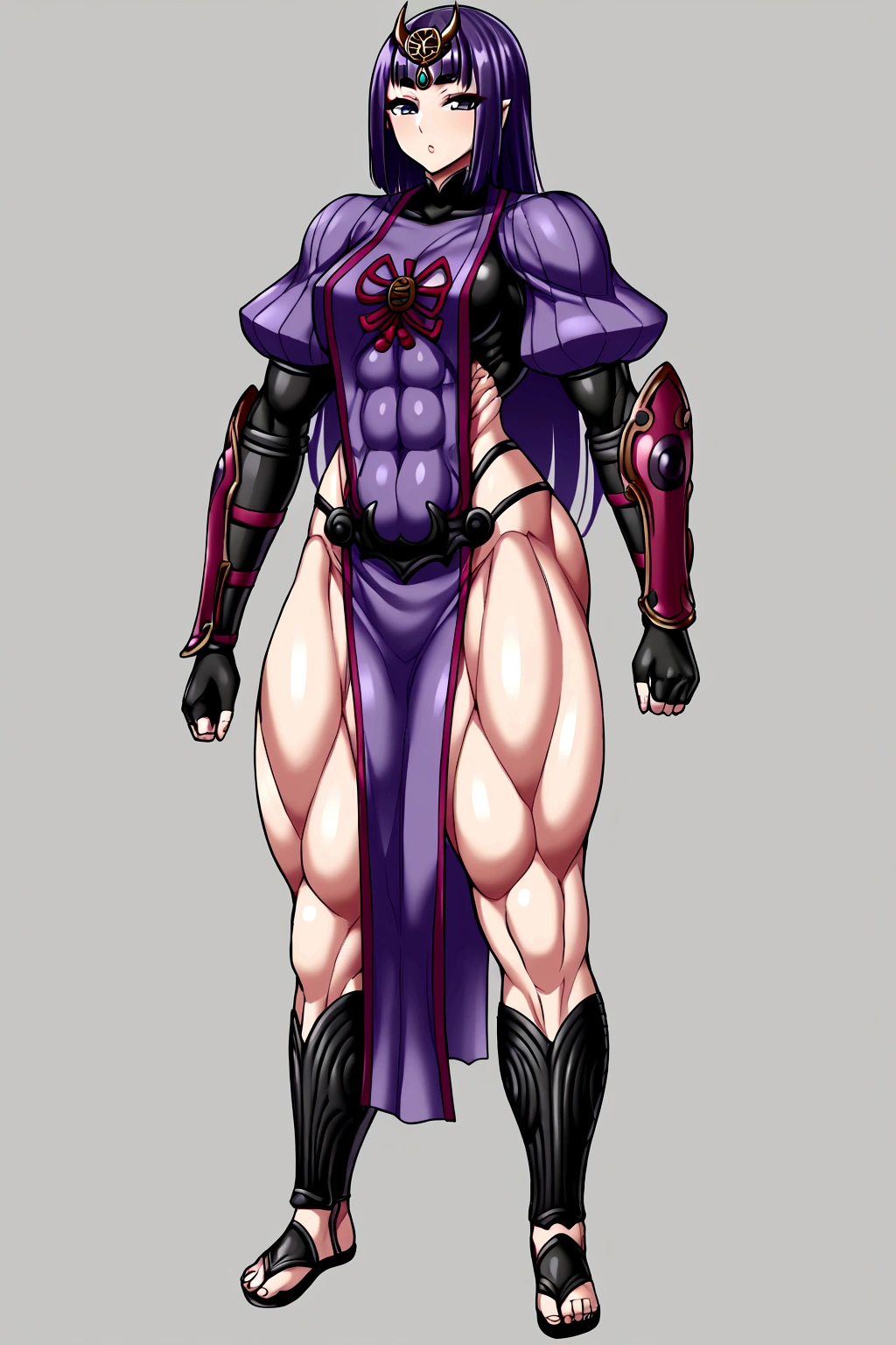 Shuten boy, parted bangs, purple eyes, purple hair, long hair, hime cut, forehead, arm guards, armor, black gloves, bodysuit, fingerless gloves, gloves, japanese armor, kote, loincloth, purple bodysuit, ribbed sleeves, tabard, toned, gigantic muscular body, gigantic penis with big balls, full body.