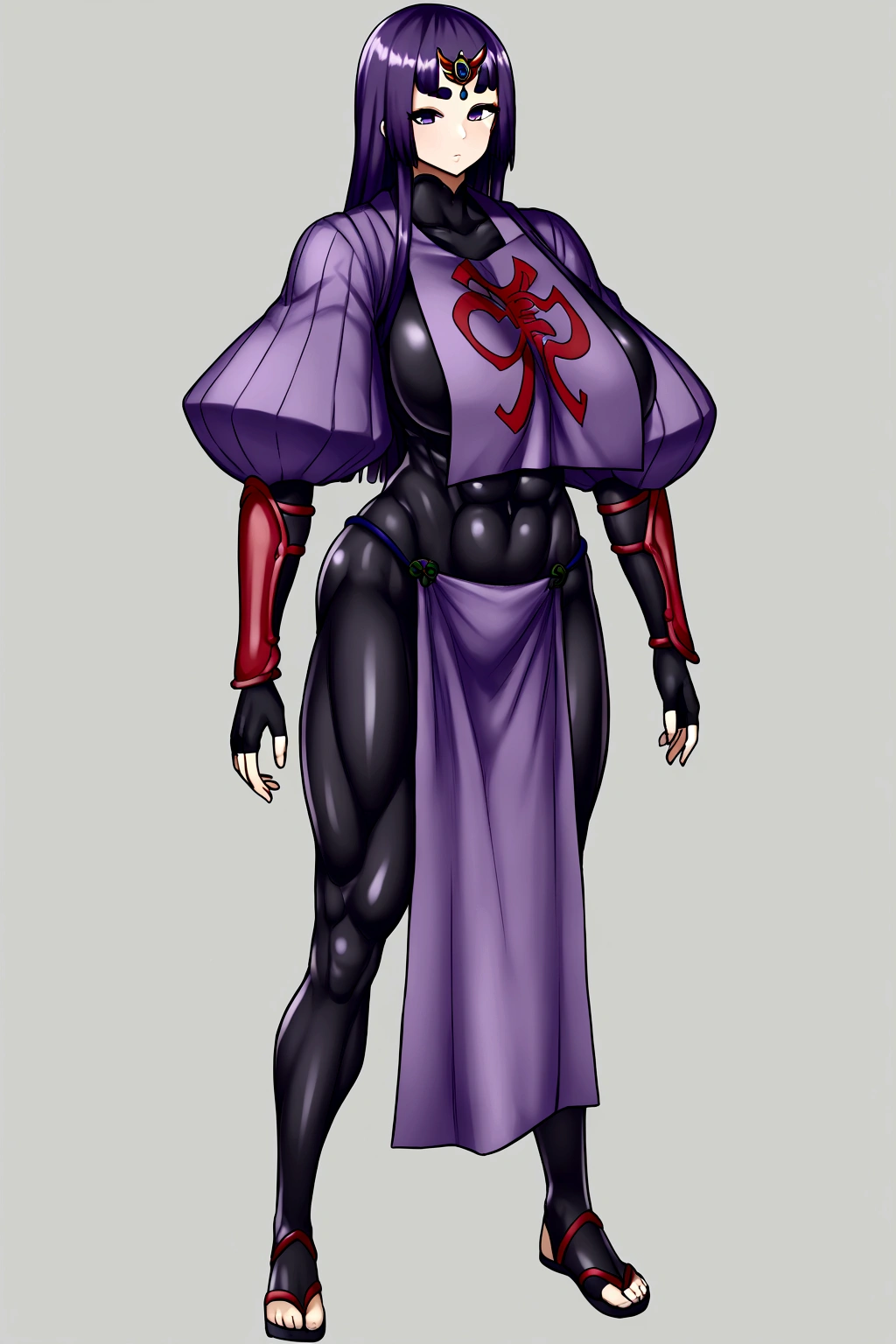 Shuten boy, parted bangs, purple eyes, purple hair, long hair, hime cut, forehead, arm guards, armor, black gloves, bodysuit, fingerless gloves, gloves, japanese armor, kote, loincloth, purple bodysuit, ribbed sleeves, tabard, toned, gigantic muscular body, gigantic penis with big balls, full body.