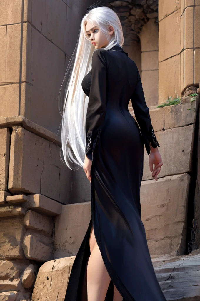 female character, ((black)), fully body, ((straight white hair)), (greeneyes), (big-ass) (sexy black long dress), best qualityer, HD