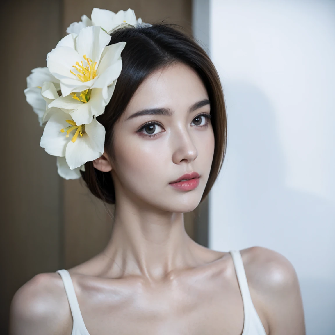 beautiful girl, 45 years old,Thin face, Beautiful and sharp eyes., short hair, Model face, Beautiful makeup, Beautiful long straight hair, 18 years old, Wear a white shirt that shows off your chest., Large Breasts, White skin, อยู่ในทุ่งflower, flower, Very high detail, 8K, Realistic lighting, portrait, Standing