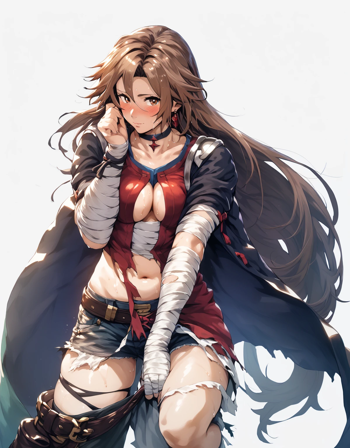 (hero neisan art style:0.7), score_9, score_8_up, score_7_up, score_6_up, uncensored, katalina \(granblue fantasy\), long hair, parted bangs, brown hair, brown eyes, sweating, BREAK (masterpiece:1.2), best quality, high resolution, (detailed eyes:1.3), perfect lighting, (perfect hands, perfect anatomy), looking at viewer, 1girl, bandages, solo, bandaged_arm, choker, breasts, black_choker, collarbone, torn_clothes, navel, torn_shorts, looking_at_viewer, embarrassed, blush face,