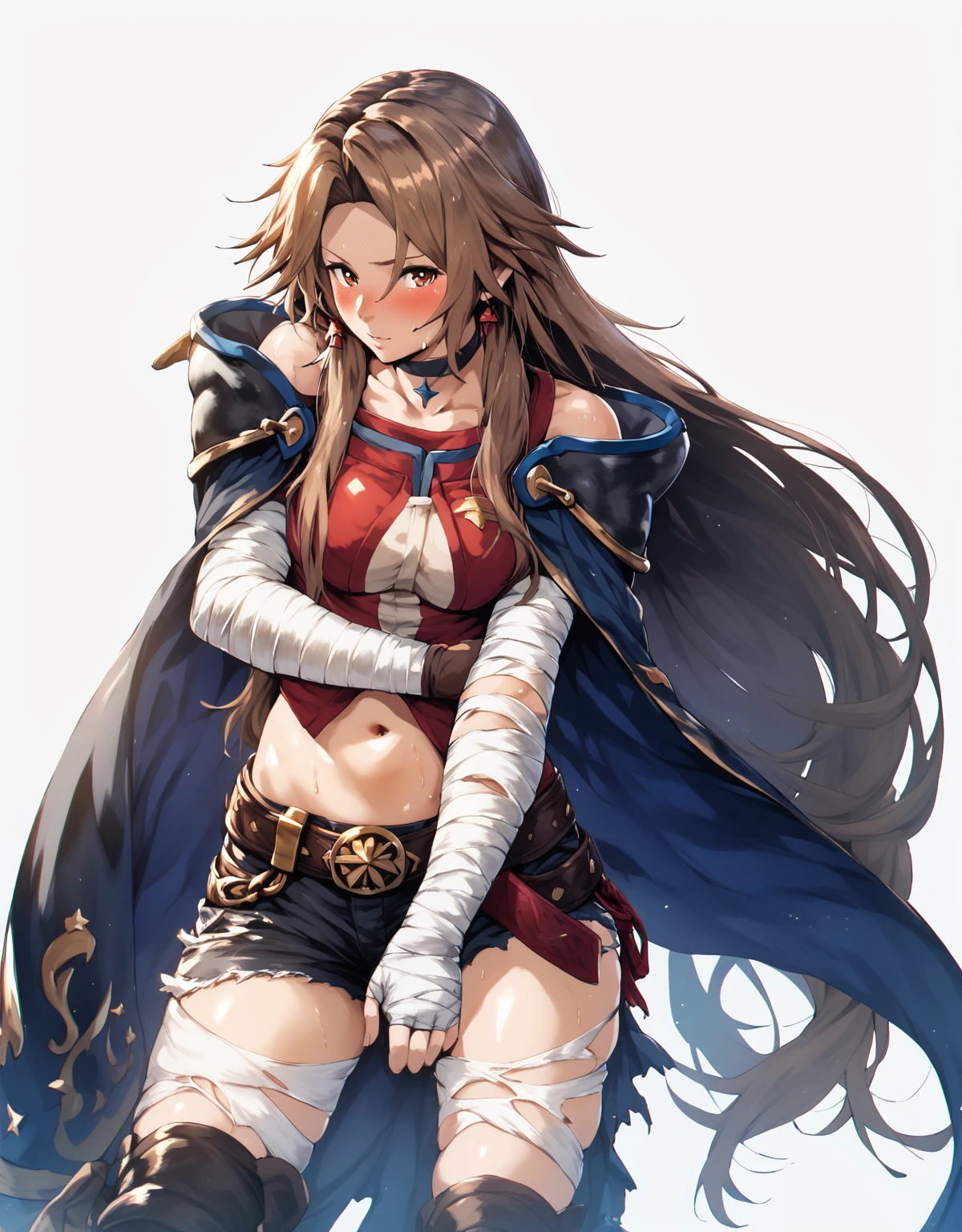 (hero neisan art style:0.7), score_9, score_8_up, score_7_up, score_6_up, uncensored, katalina \(granblue fantasy\), long hair, parted bangs, brown hair, brown eyes, sweating, BREAK (masterpiece:1.2), best quality, high resolution, (detailed eyes:1.3), perfect lighting, (perfect hands, perfect anatomy), looking at viewer, 1girl, bandages, solo, bandaged_arm, choker, breasts, black_choker, collarbone, torn_clothes, navel, torn_shorts, looking_at_viewer, embarrassed, blush face, 