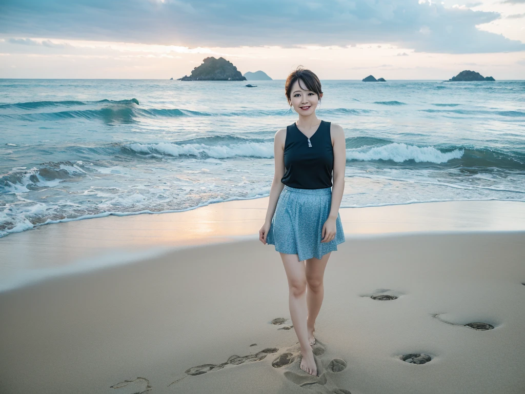 8K, blue sea with waves., Danang Beach, Vietnam, Beautiful 36-year-old short Korean woman, Chest size 34 inches, Wear sleeveless, light skirt. beautiful pretty woman look , wearing a light skirt , Short medium hair blowing in the wind, 1 short woman, beautiful eyes, I smile, Full-body photo taken from afar with a wide-angle lens, The background is clean and perfect., standing on the beach