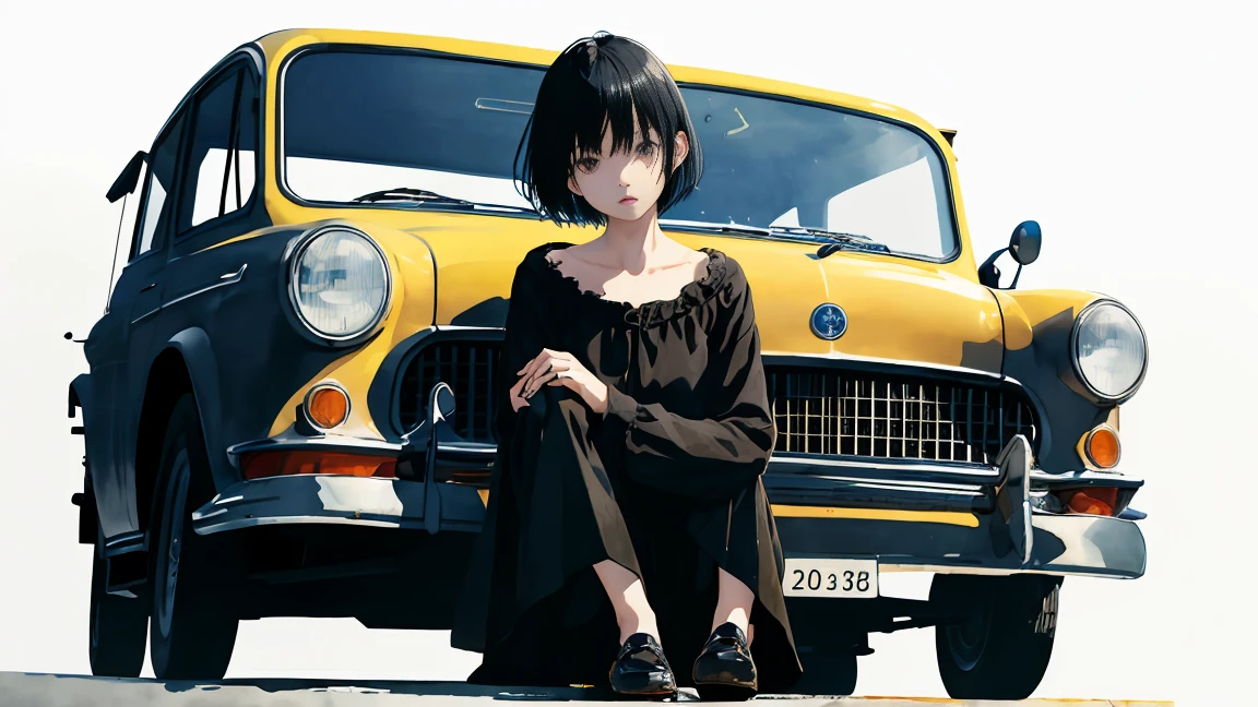 girl、blouse、Holding a gun、Black Hair、short hair、Look down、Sit on top of the car、sitting cross-legged、Watercolor、Looking into the distance、Stylish illustrations、One person、Not real、Simple illustration、Navy blue supercar、