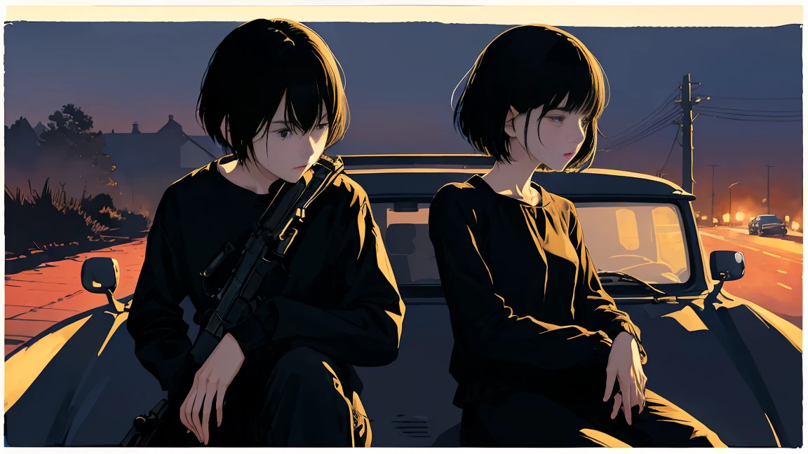 girl、blouse、Holding a gun、Black Hair、short hair、Look down、Sit on top of the car、sitting cross-legged、Watercolor、Looking into the distance、Stylish illustrations、One person、Not real、Simple illustration、Navy blue supercar、