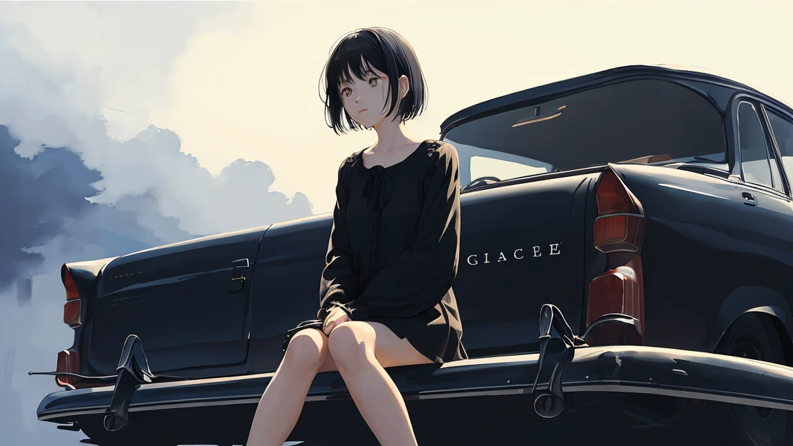 girl、blouse、Holding a gun、Black Hair、short hair、Look down、Sit on top of the car、sitting cross-legged、Watercolor、Looking into the distance、Stylish illustrations、One person、Not real、Simple illustration、Navy blue supercar、